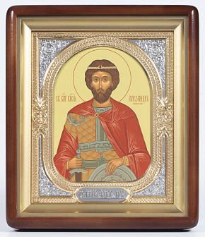 Икона в киоте 18х24 фигурный, темпера, риза-рамка объемная, открытая, золочёная, никелирование Александр Невский