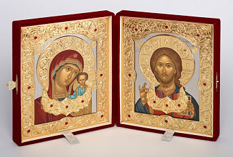 Складень в футляре 18х24 бархат, темпера, объемная риза с цатой, золочение, никелирование