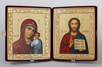 Складень в футляре 18х24 бархат, темпера, рамка золоченая Складень в футляре 18х24 бархат, темпера, рамка золоченая