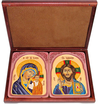 Рукописная пара подарочных икон ''Казанская икона Божией Матери'' и ''Господь Вседержитель'' на кипарисе