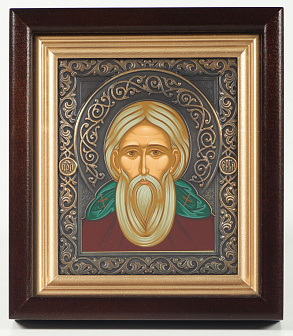 Икона в киоте 12х14 сложный №2 темпера, риза патинированая Сергий Радонежский