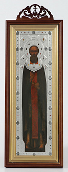 Икона в киоте 20х50 сложный с резным навершием, конгрев Сергий Радонежский 2