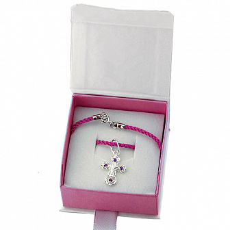 Набор Крест на шнурке, розовый, серебро Ag 925, подарочная упаковка