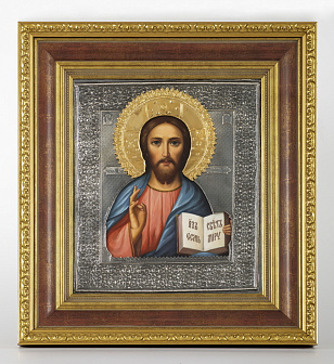 Икона живописная в киоте 24х30 масло, риза №36, черненое серебрение, киот №22 Спаситель