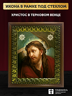 Икона Господь Иисус Христос в терновом венце, деревянная рамка с басмой и стеклом 18х21х2,5 см