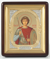 Икона в киоте 18х24 фигурный, темпера №8, риза-рамка объемная, открытая, золочёная, никелирование Георгий Победоносец 1
