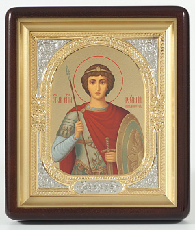 Икона в киоте 18х24 фигурный, темпера №8, риза-рамка объемная, открытая, золочёная, никелирование Георгий Победоносец 1