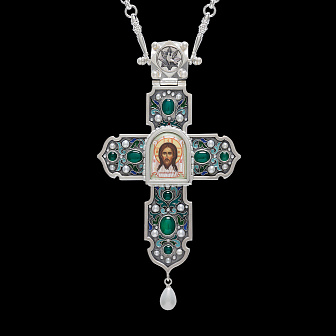 Крест наперсный №1415 / Фианиты деколь, эмаль / серебрение