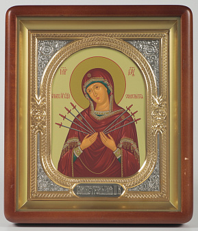Икона в киоте 18х24 фигурный, темпера, риза-рамка объемная, открытая, золочёная, никелирование Семистрельная БМ 1