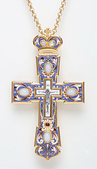 Крест наперсный филигрань №0028 одинарный рант финифть, роспись / золочение Крест наперсный филигрань №0028 одинарный рант финифть, роспись / золочение