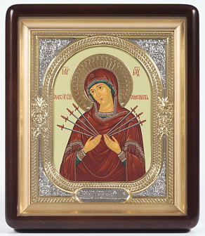 Икона в киоте 18х24 фигурный, темпера, венчик, риза-рамка объемная, открытая, золочение Семистрельная БМ