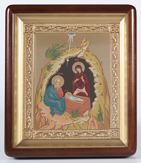 Икона в киоте 18х24 фигурный, темпера №9, рамка золочёная Рождество Христово