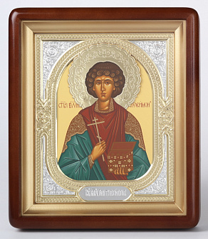 Икона в киоте 18х24 фигурный, темпера, венчик, риза-рамка №1 Пантелеимон