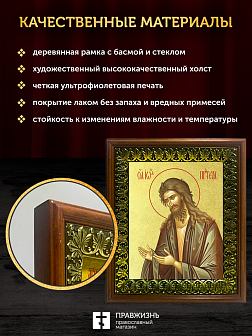 Икона Иоанн пророк Предтеча и Креститель Господень с золочением, деревянная рамка с басмой и стеклом Икона Иоанн пророк Предтеча и Креститель Господень с золочением, деревянная рамка с басмой и стеклом