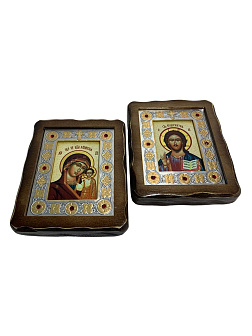 Венчальные иконы Спаситель и Казанская со вставкой металл на дереве под старину Византикос 16х19