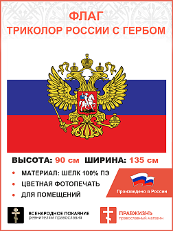 Флаг 310 Триколор России государственный флаг, 90х135 см, шелк для улицы