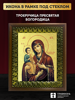 Икона Божией Матери Троеручица с золочением, деревянная рамка с басмой и стеклом 18х21х2,5 см 1145 Икона Божией Матери Троеручица с золочением, деревянная рамка с басмой и стеклом 18х21х2,5 см 1145