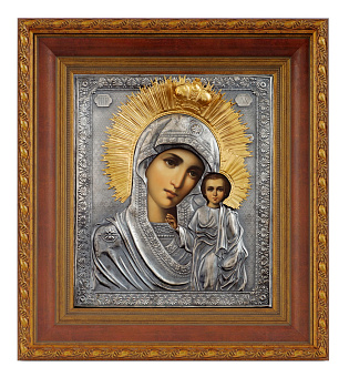 Икона живописная в киоте 30х40 масло, риза №180, черненое серебрение, киот №22 Казанская БМ Икона живописная в киоте 30х40 масло, риза №180, черненое серебрение, киот №22 Казанская БМ