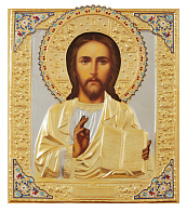Икона живописная Спасителя 24х30, масло, риза №24, матовое золочение, эмаль