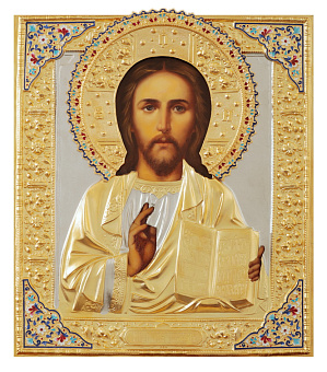 Икона живописная Спасителя 24х30, масло, риза №24, матовое золочение, эмаль