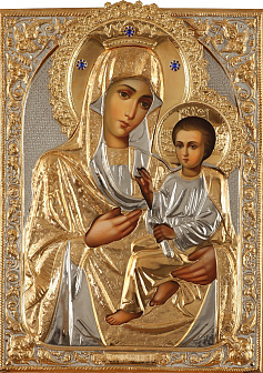 Икона живописная Божией Матери «Скоропослушница» 50х70, масло, риза №220, золочение, камни
