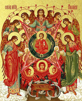 Икона Собор Михаила Архангела с золочением, деревянная рамка со стеклом 15х18х2 см