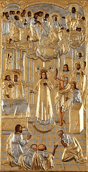 Икона живописная Покрова Пресвятой Богородицы 50х100, масло, риза №197, золочение Икона живописная Покрова Пресвятой Богородицы 50х100, масло, риза №197, золочение