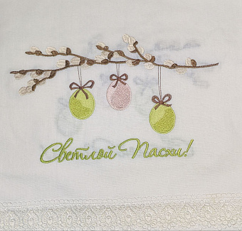 08 Рушник пасхальный Верба с яйцами Светлой Пасхи САЛАТОВЫЙ