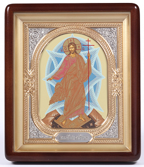 Икона в киоте 18х24 фигурный, темпера, риза-рамка объемная, открытая, золочёная, никелирование Воскресение Христово 1