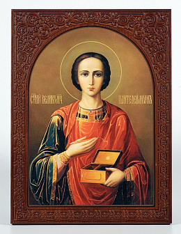 Икона на дереве 25х35 изображение арочное, ковчег с резным обрамлением, упаковка Пантелеимон