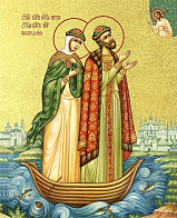 Икона "Петр и Феврония Муромские", свв. прпп. кн. и кнг., с золочением поталью, 09ПФ2-УЛ Икона "Петр и Феврония Муромские", свв. прпп. кн. и кнг., с золочением поталью, 09ПФ2-УЛ