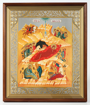 Икона в киоте 40х50 сложный, двойное тиснение Рождество Христово