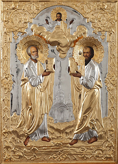 Икона живописная апостола Петра, апостола Павла 40х60 масло, риза №121, золочение