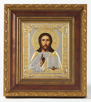 Икона живописная в киоте 18х24 масло, риза №242, матовое золочение, киот №22 Спаситель