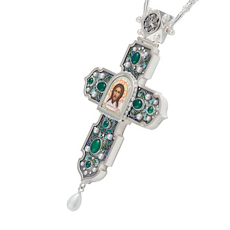 Крест наперсный №1415 / Фианиты деколь, эмаль / серебрение