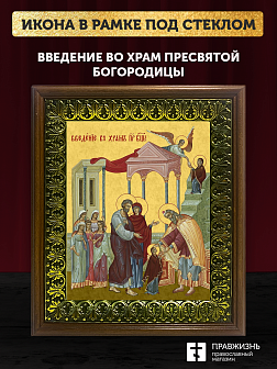 Икона Введение во храм Пресвятой Богородицы, деревянная рамка с басмой и стеклом 18х21х2,5 см 1204 Икона Введение во храм Пресвятой Богородицы, деревянная рамка с басмой и стеклом 18х21х2,5 см 1204