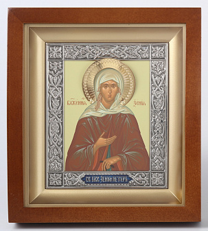 Икона в киоте 11х13 фигурный №2 темпера, пластмассовый подрамник, риза никель, эмаль, золоч Ксения Петербургская
