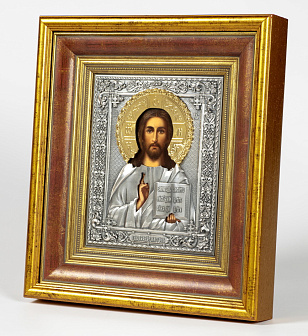 Икона живописная в киоте 18х24 масло, риза №242, черненое серебрение, киот №22 Спаситель