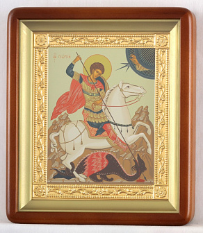 Икона в киоте 18х24 фигурный, темпера, рамка золочёная Чудо Георгия о змие