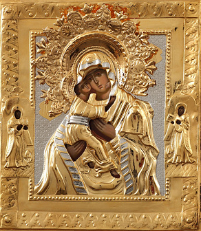Икона живописная Божией Матери «Владимирская» 13х18, масло, риза №49, золочение