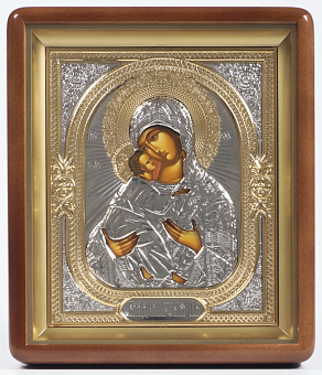 Икона в киоте 18х24 фигурный, темпера, риза объёмная, никель, золочение Владимирская БМ