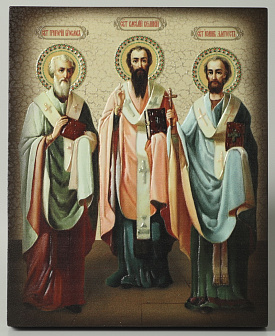 Икона на доске 13х15 объёмная печать, лак Три Святителя