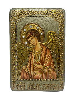 Икона ''Ангел-Хранитель'' ручной работы из дуба с натуральными камнями