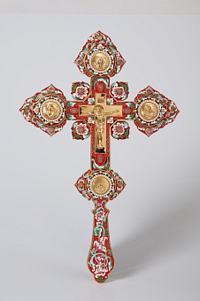 Крест напрестольный №4 распятие, лики, филигрань, эмаль, роспись, хим.гравировка / золочение