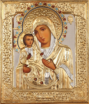 Икона живописная Божией Матери «Троеручица» 24х30, масло, риза №27, эмаль, золочение Икона живописная Божией Матери «Троеручица» 24х30, масло, риза №27, эмаль, золочение