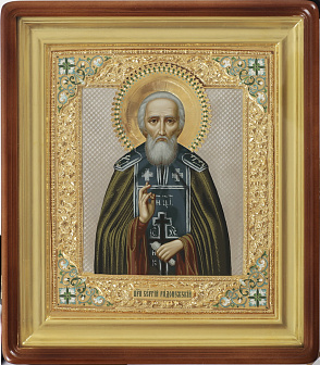 Икона живописная в киоте 24х30 темпера, риза №237, эмаль, киот №1 Сергий Радонежский