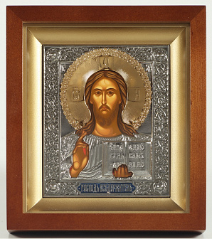 Икона в киоте 11х13 фигурный №2 темпера, пластмассовый подрамник, риза никель, эмаль, золоч Спаситель