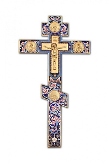 Крест напрестольный №3 лики, распятие, филигрань, эмаль, роспись, хим.гравировка / золочение