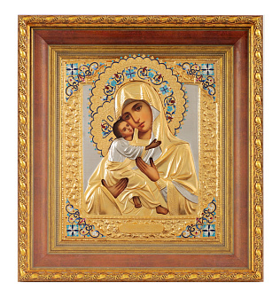 Икона живописная в киоте 24х30 масло, риза №6, матовое золочение, эмаль, киот №22 Владимирская БМ Икона живописная в киоте 24х30 масло, риза №6, матовое золочение, эмаль, киот №22 Владимирская БМ