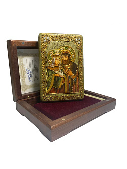 Настольная икона ''Петр и Февронья'' на мореном дубе